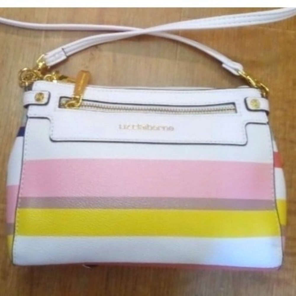 Liz Claiborne Striped Crossbody Bag White Pink Yellow Gold Hardware Small Purse - Picture 2 of 7